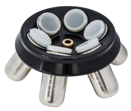 A 6-100 Rotore ad angolo fisso 37° per provette da 100 ml, numero max per rotore 6. Velocità massima 5.000 rpm, accelerazione massima 3.330 xg.