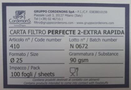 Carta da filtro Piana Perfecte 2-Extra Rapida diametro cm.25 conf.100 fogli Cordenons